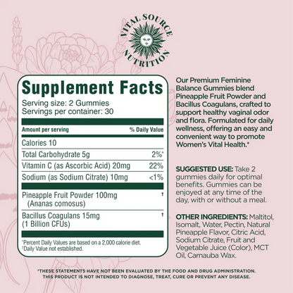VITAL SOURCE NUTRITION® Premium Feminine Balance Gummies • Elimina olores, previene infecciones y restaura el pH de tu zona íntima en solo 1 semana